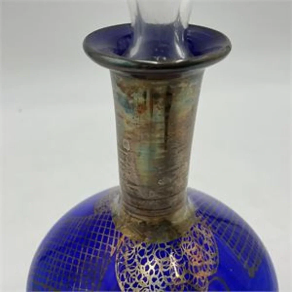 Vintage Cobalt Blue Glass Decanter Silver Overlay Venetian Gondola & Stopper
